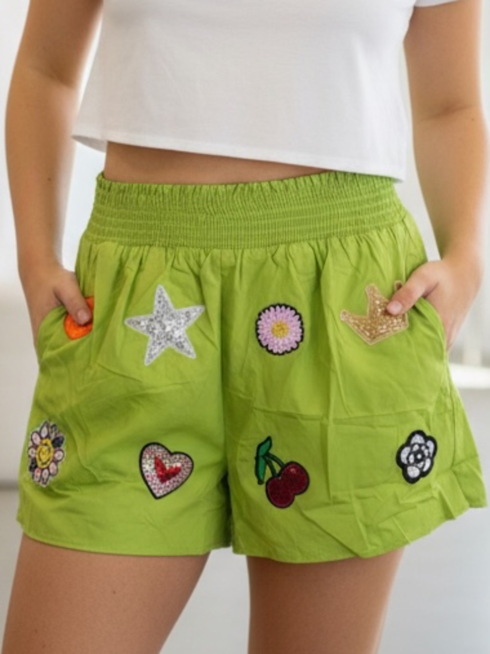 entro Lime Green Athletic Shorts with Patch Embellishments